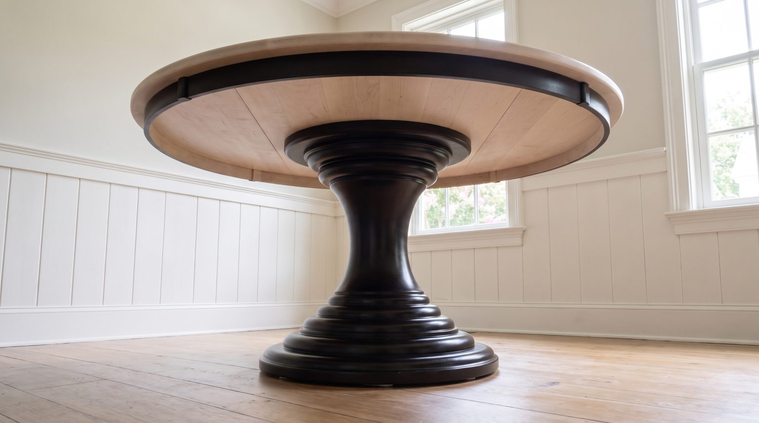 A low view of a bleached maple round top carried on a near-black pedestal of stacked turned rings