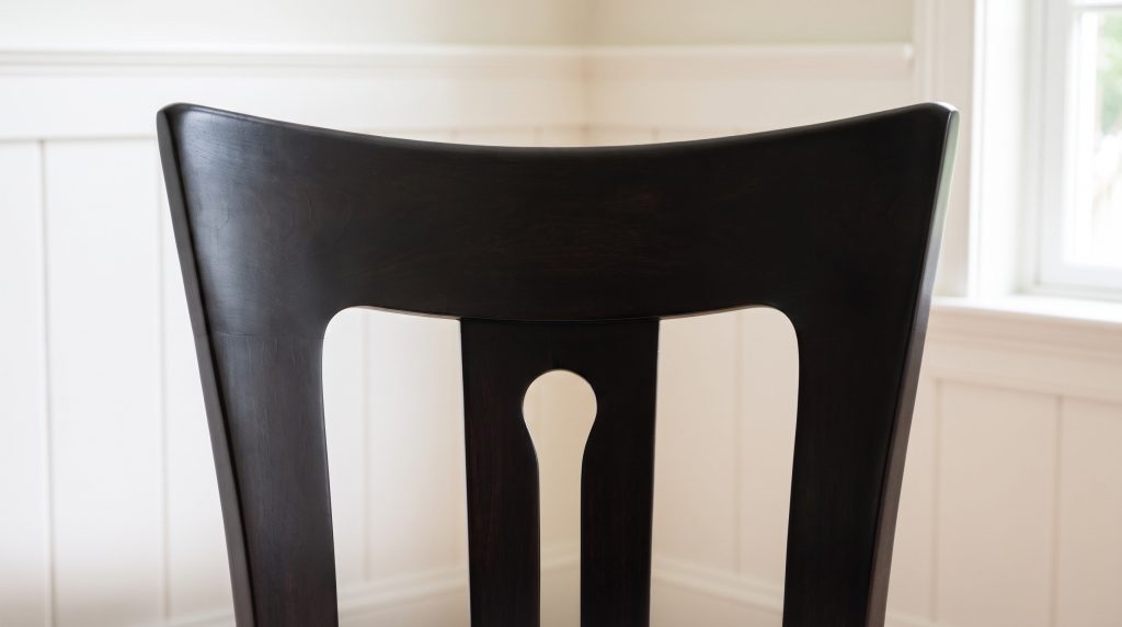 A close view of a black chair back where two uprights flare into a curved crest over a slender keyhole opening