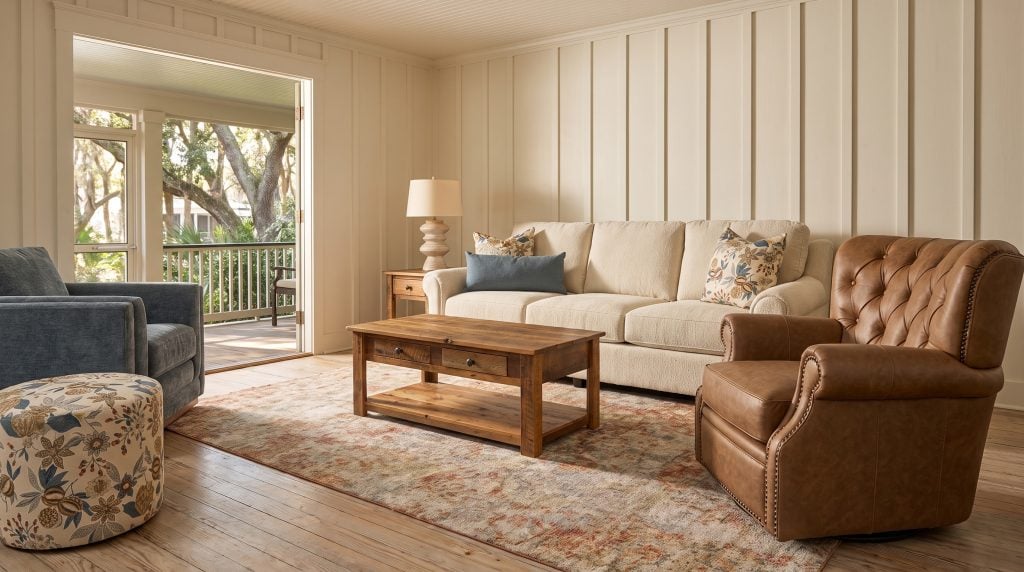 A cream sofa, a diamond-tufted camel leather swivel chair and a reclaimed barnwood coffee table in a board-and-batten cottage