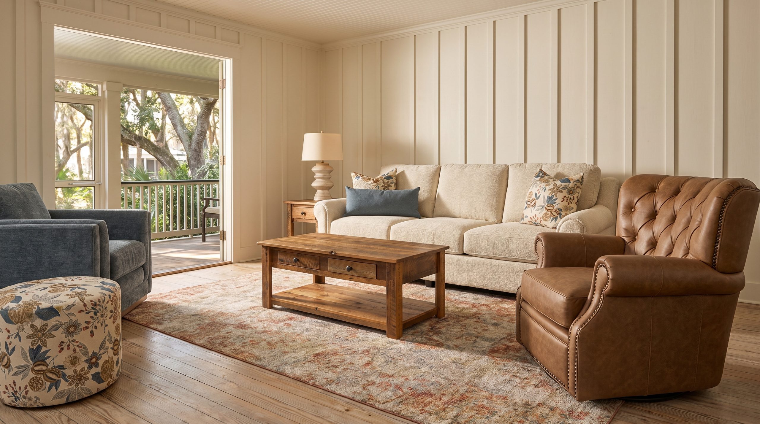 A cream sofa, a diamond-tufted camel leather swivel chair and a reclaimed barnwood coffee table in a board-and-batten cottage