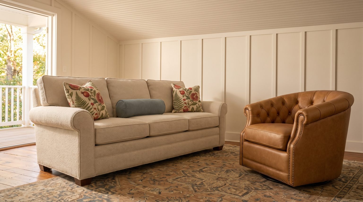 A cream three-cushion sofa with botanical pillows beside a diamond-tufted camel leather chair