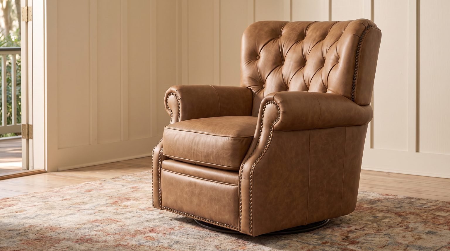 A camel leather swivel chair with a diamond-tufted barrel back outlined in rubbed-bronze nailheads