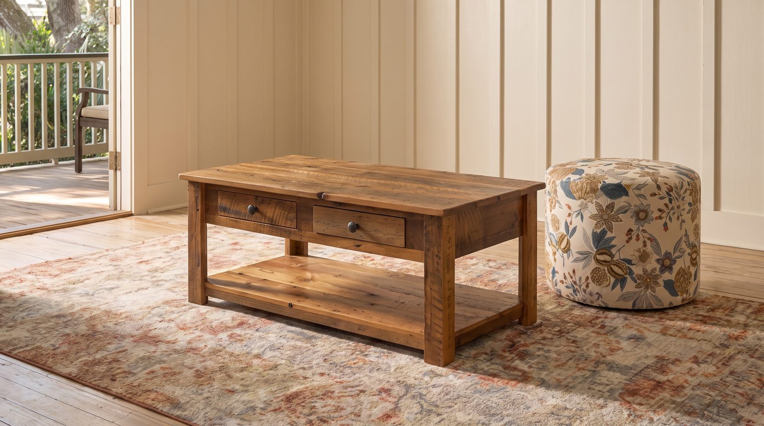 A reclaimed oak coffee table with a lower shelf beside a round ottoman in a cream botanical print