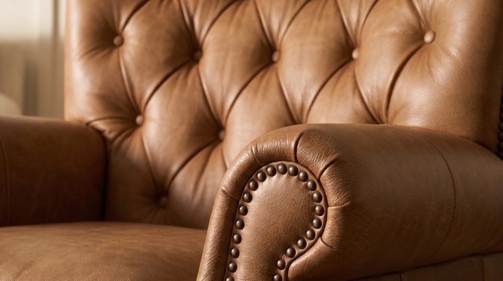 A close view of deep buttoned diamond tufting in camel leather above a rolled arm edged with two rows of bronze studs