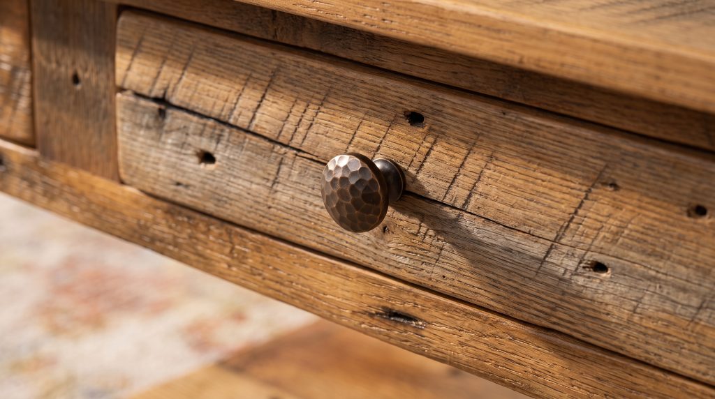 A close view of a hammered dark bronze knob set into a reclaimed oak drawer front with saw marks and old nail holes