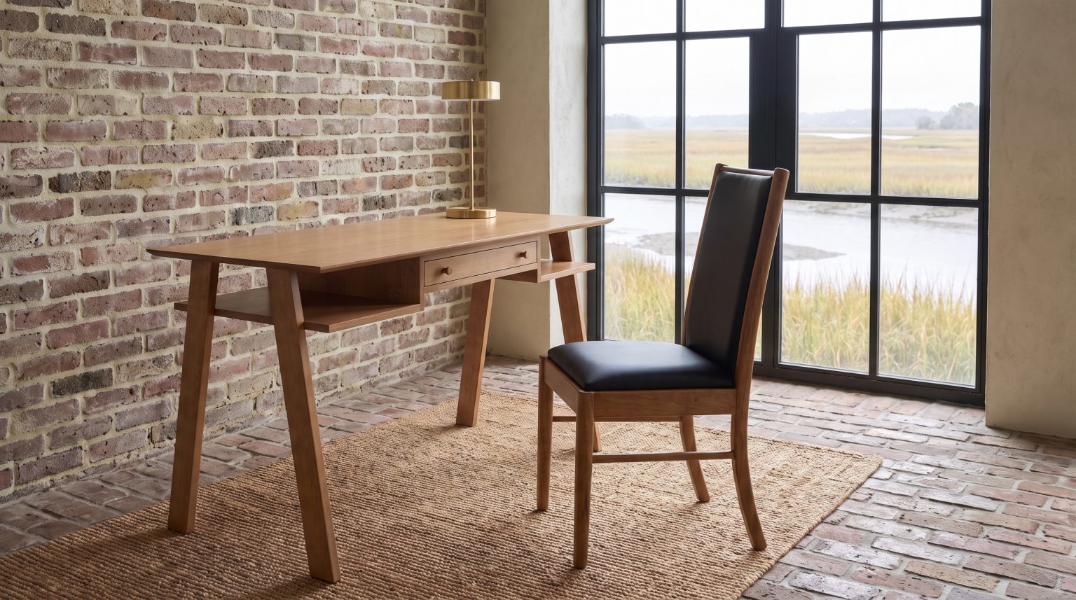 A thin-topped maple desk with splayed legs and a low shelf, with a black leather side chair drawn up