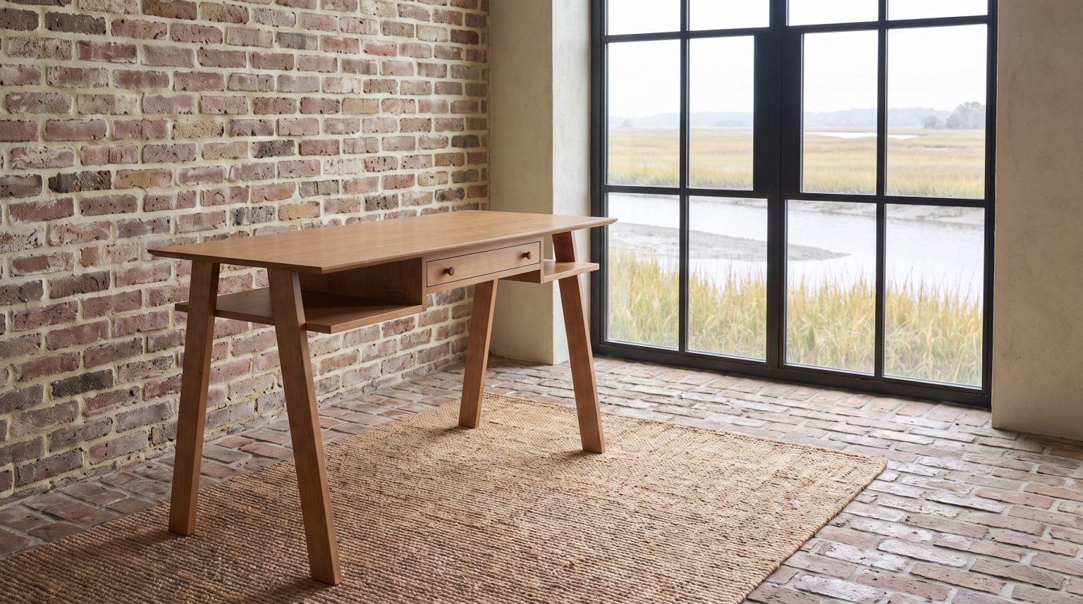 A maple writing desk seen from the end, showing the outward rake of its legs and the shelf beneath the top