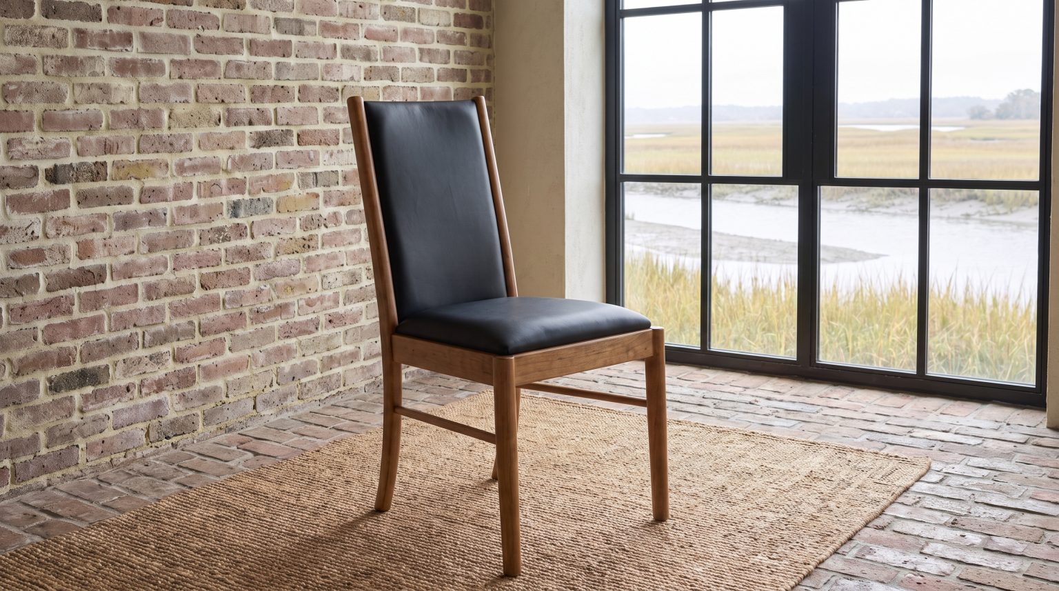 A slim side chair with a black leather back panel between two maple stiles and a black leather seat