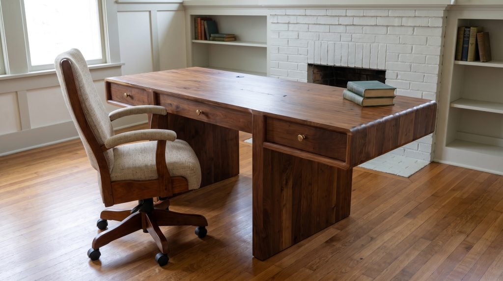 A rustic walnut executive desk on solid slab ends with a beaded front edge, and a scroll-arm office chair, in a Craftsman bungalow study