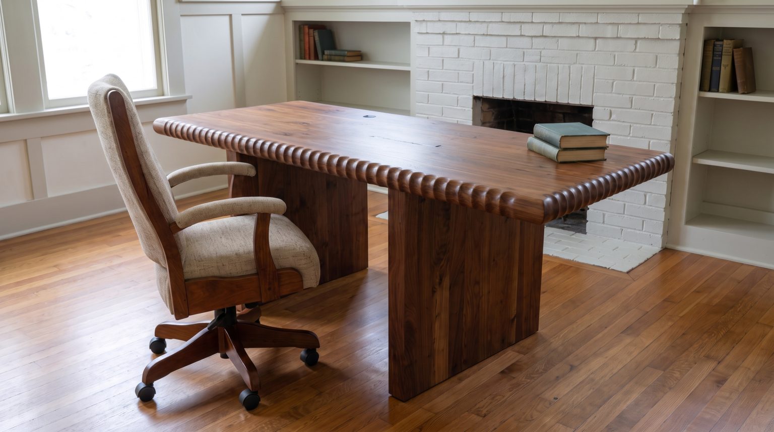 A walnut slab desk with a rippled bead edge running its length, with a cherry scroll-arm chair pulled out