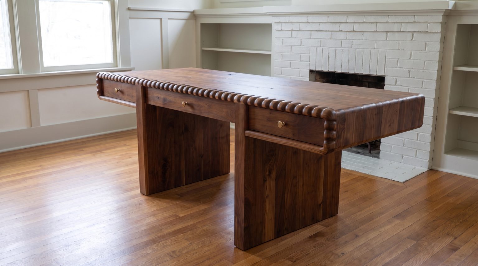 A rustic walnut desk on two solid slab end panels, its front edge worked into a run of stacked half-round beads