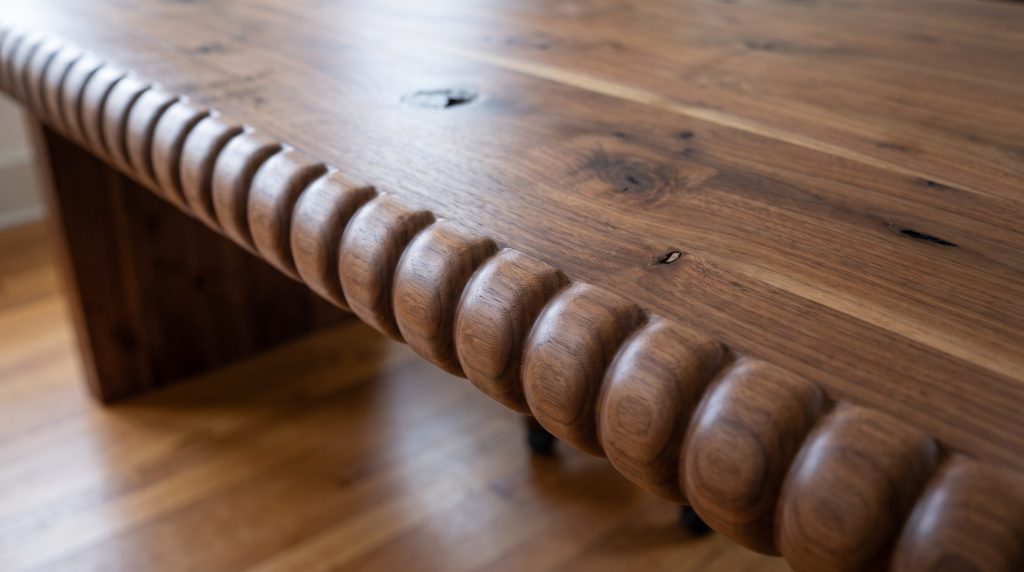A close view along a walnut desk edge made of stacked convex half-round beads, each catching its own highlight