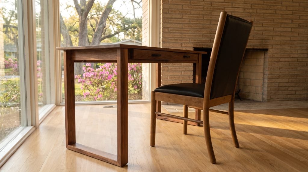 A rustic walnut writing table with a closed rectangular loop leg at each end and a black leather side chair, in a modernized ranch room