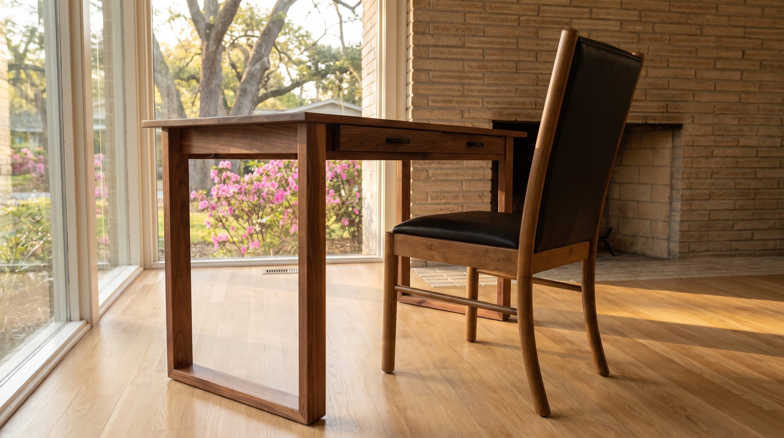 A rustic walnut writing table with a closed rectangular loop leg at each end and a black leather side chair, in a modernized ranch room