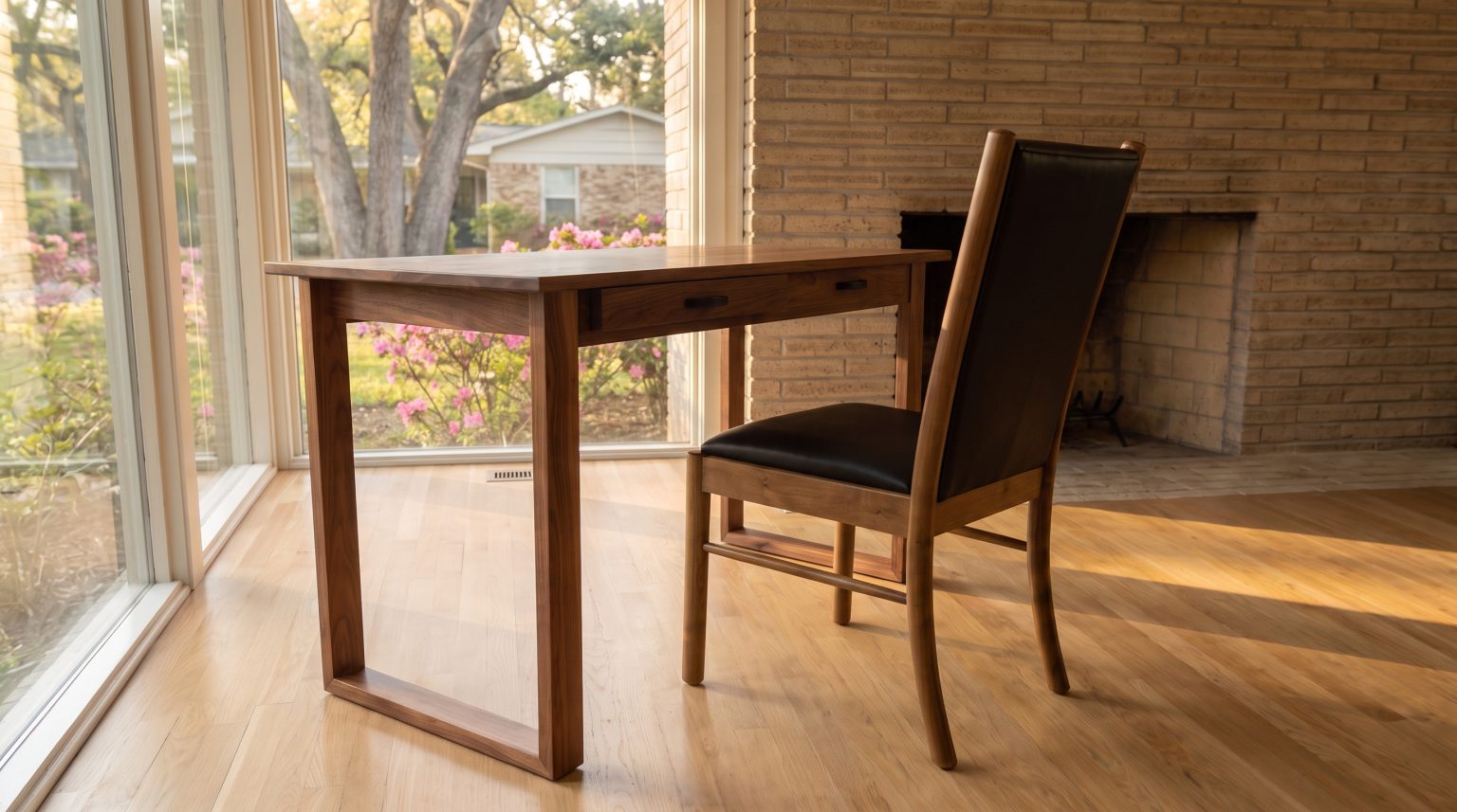 A straight-edged walnut writing table on loop legs with a black leather side chair at the near end