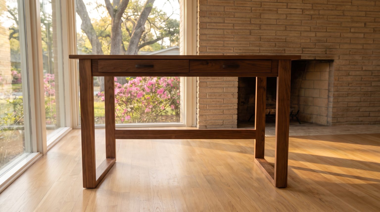 A walnut writing table seen from the side, standing on a closed rectangular loop frame at each end joined by a low stretcher