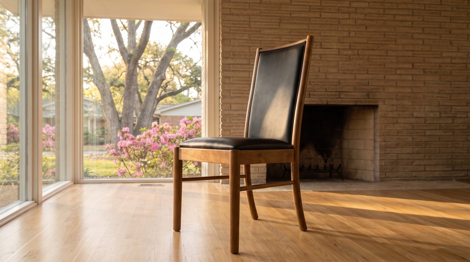 A slim side chair with a black leather panel between two maple stiles, over a black leather seat