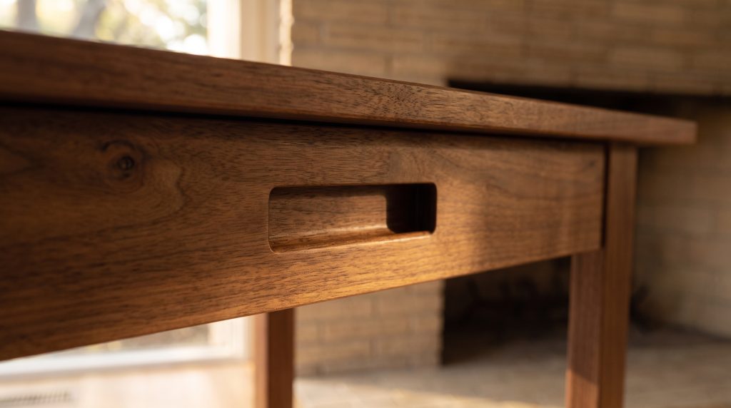A close view of a shallow rectangular finger pull milled into a walnut drawer front, with no metal hardware