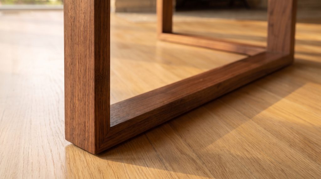 A close view of a walnut leg frame where the vertical stile turns a right angle into a bottom rail lying flat on an oak floor