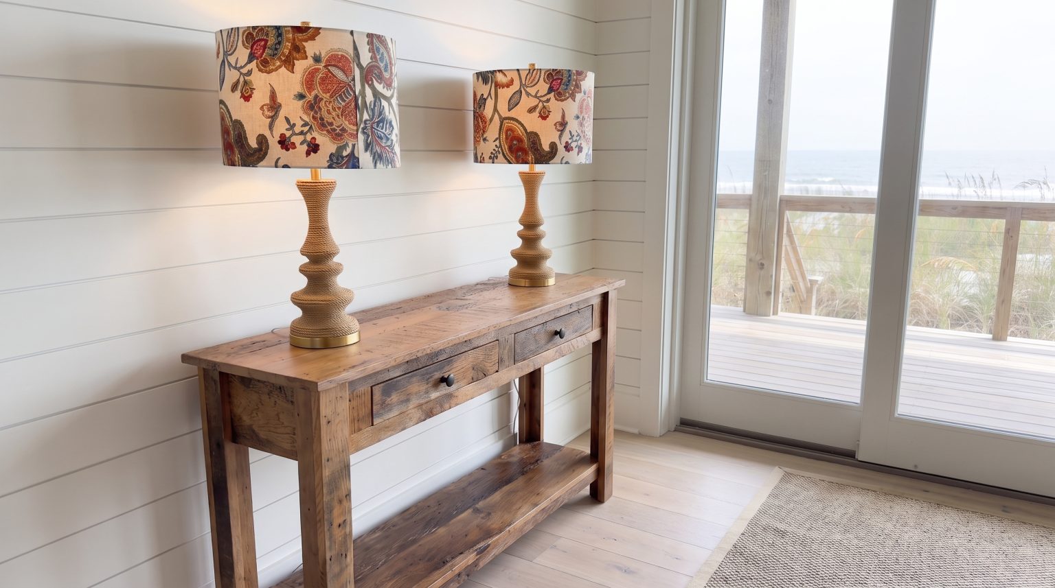 A reclaimed oak console with a matching rope-wrapped lamp standing at each end, against white shiplap