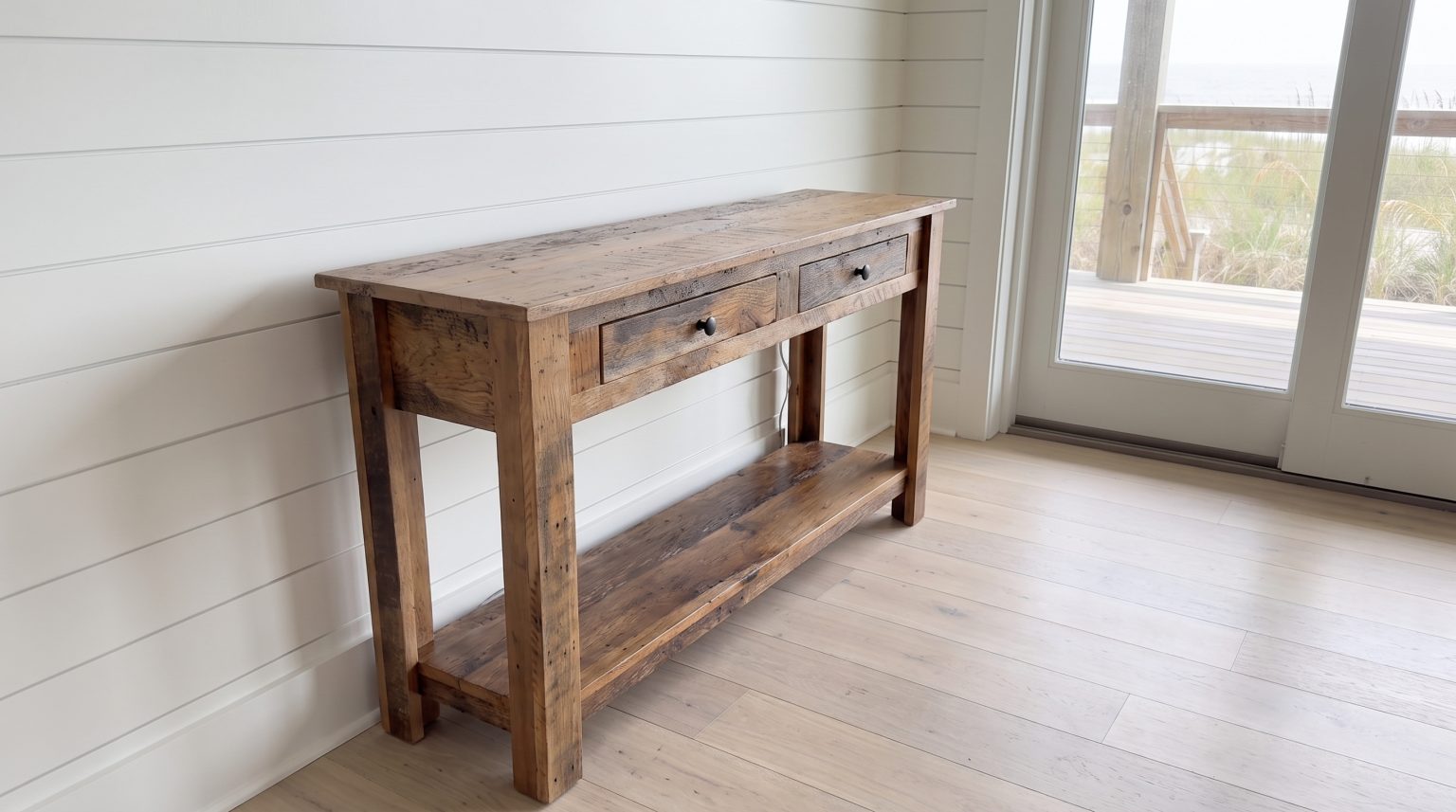 A reclaimed oak console table with weathered gray-brown and honey boards, two drawers and a full lower shelf