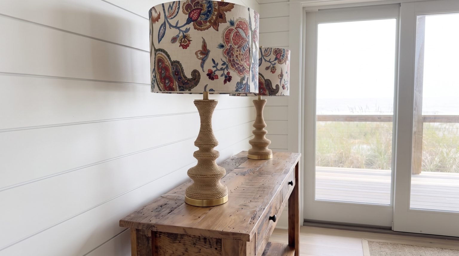 A table lamp with a turned column wrapped coil over coil in natural rope, under a jacobean printed linen shade