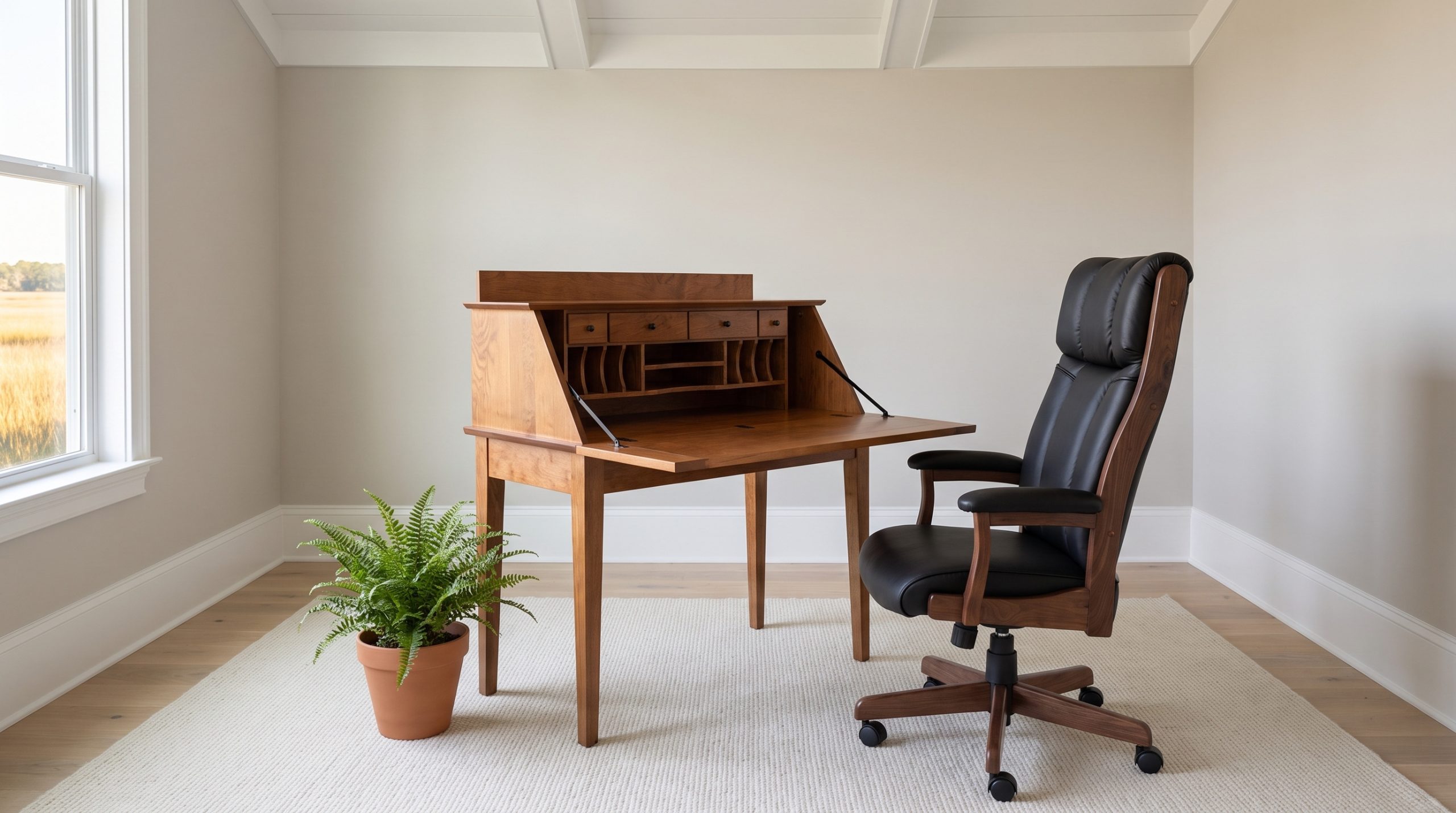 A cherry drop-front secretary desk with its lid lowered showing small drawers and letter dividers, with a black leather office chair