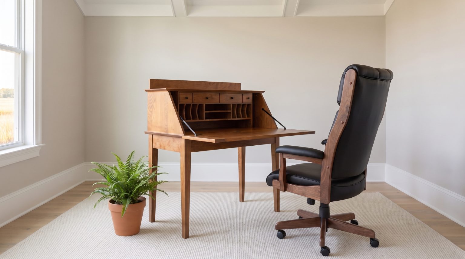 A cherry secretary with the drop front down on its stays, with a walnut-framed black leather office chair beside it