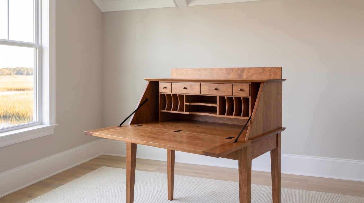 A cherry secretary desk open, showing a row of small drawers above upright letter dividers under a scalloped valance