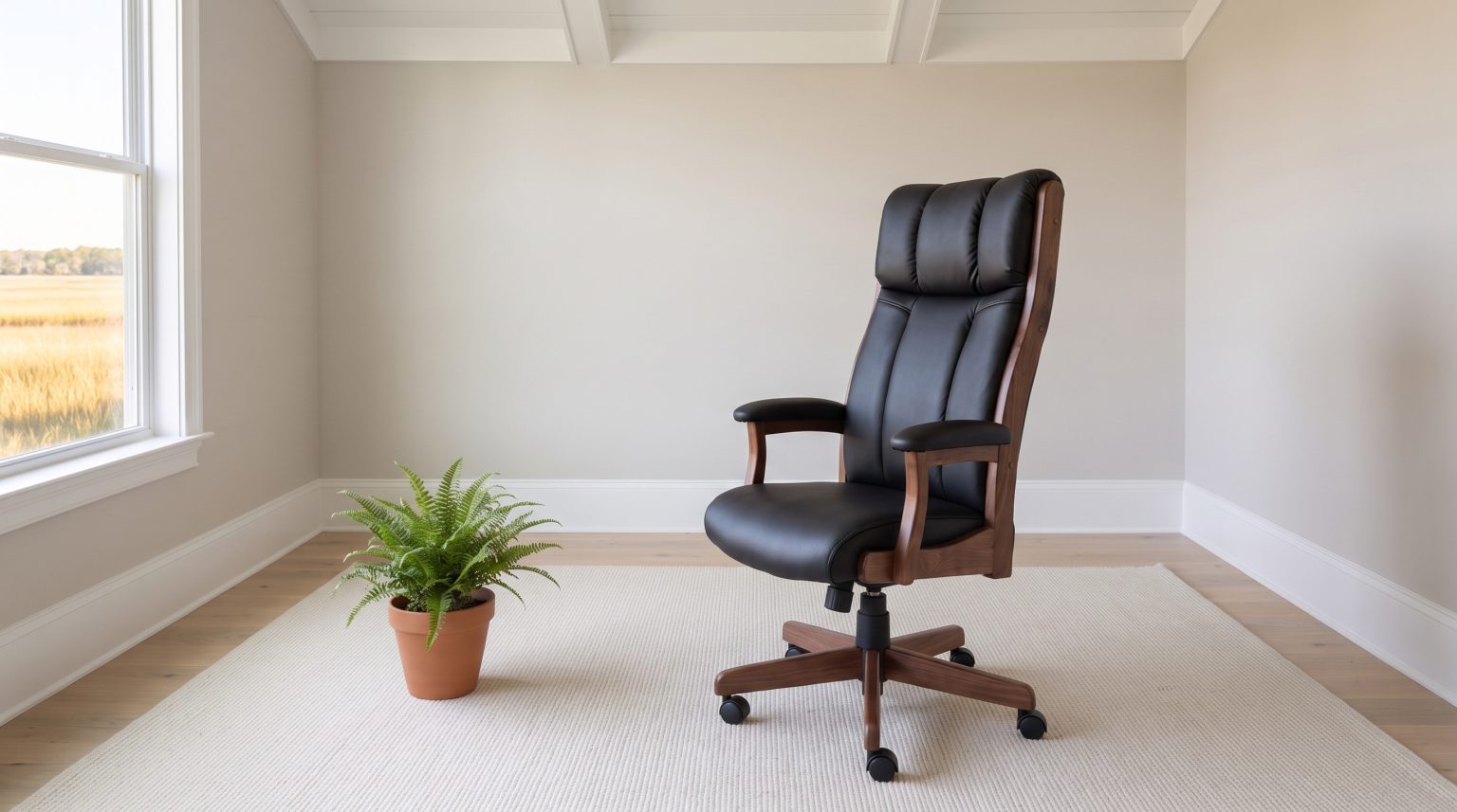 A high-backed office chair with a pillowed black leather back and rolled crest on an exposed walnut frame and wooden base