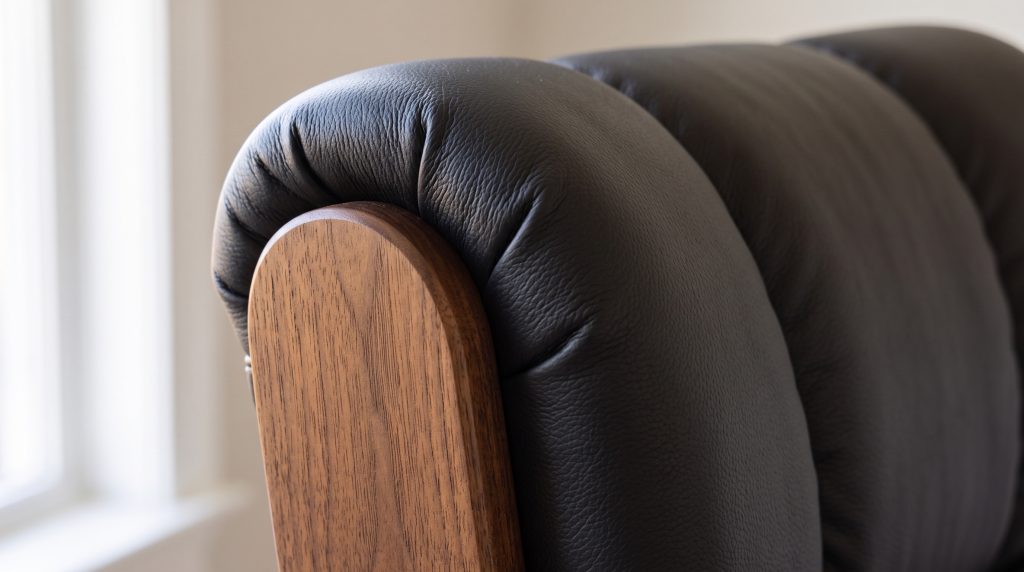 A close view of the rolled black leather crest of a chair back drawn in tight against a shaped walnut frame