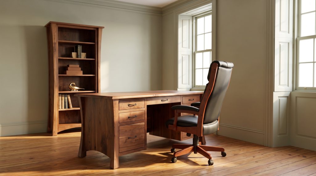 A rustic walnut double-pedestal desk with deeply curved side panels and a matching five-shelf bookcase, in a Georgian study