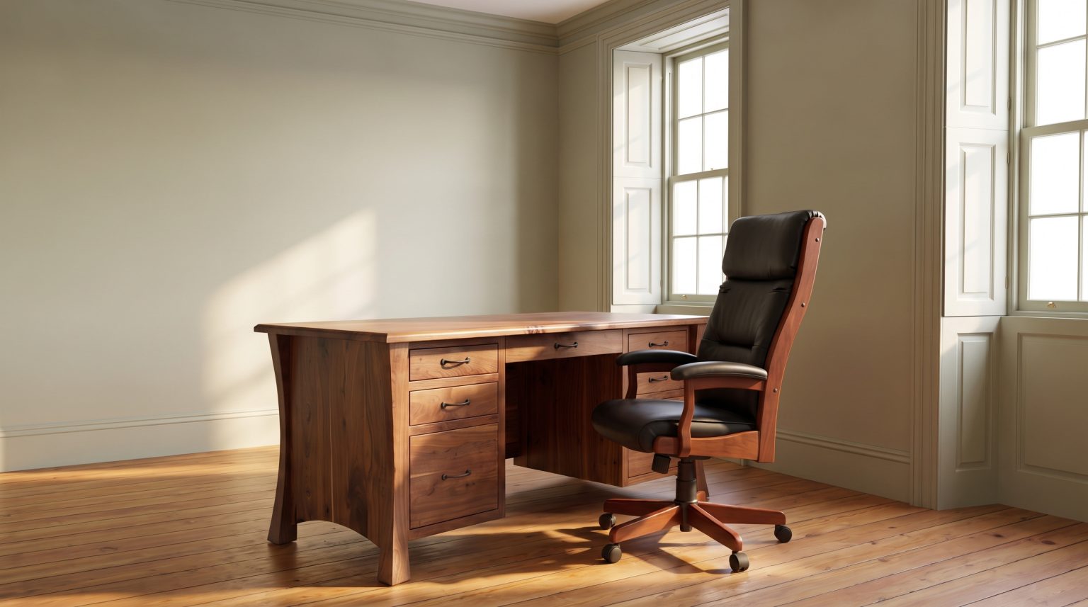 A walnut double-pedestal desk with iron bin pulls and a leather office chair on a redder tobacco frame at the knee-hole