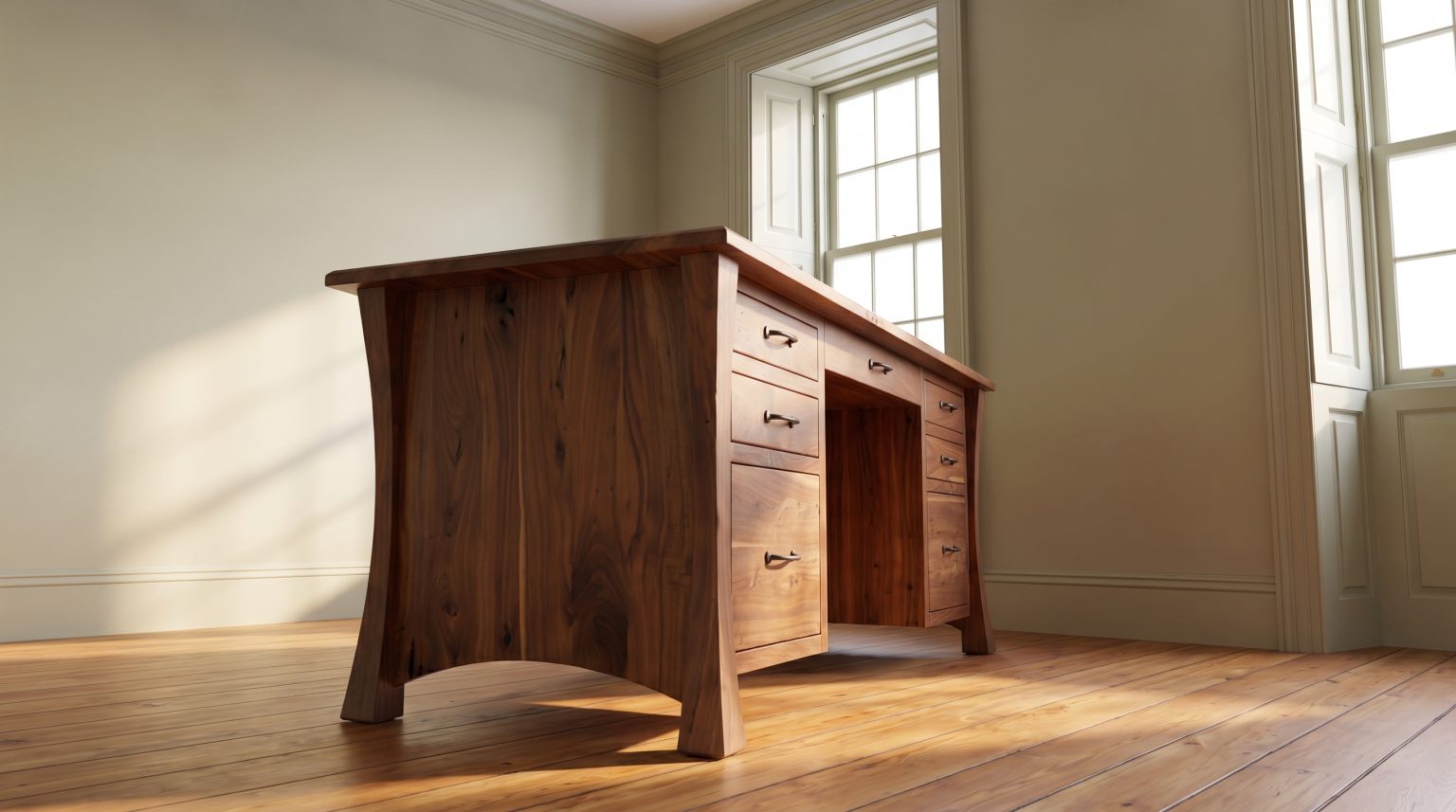 A walnut desk seen from the end, its solid side panel swept up into a deep curve on splayed feet