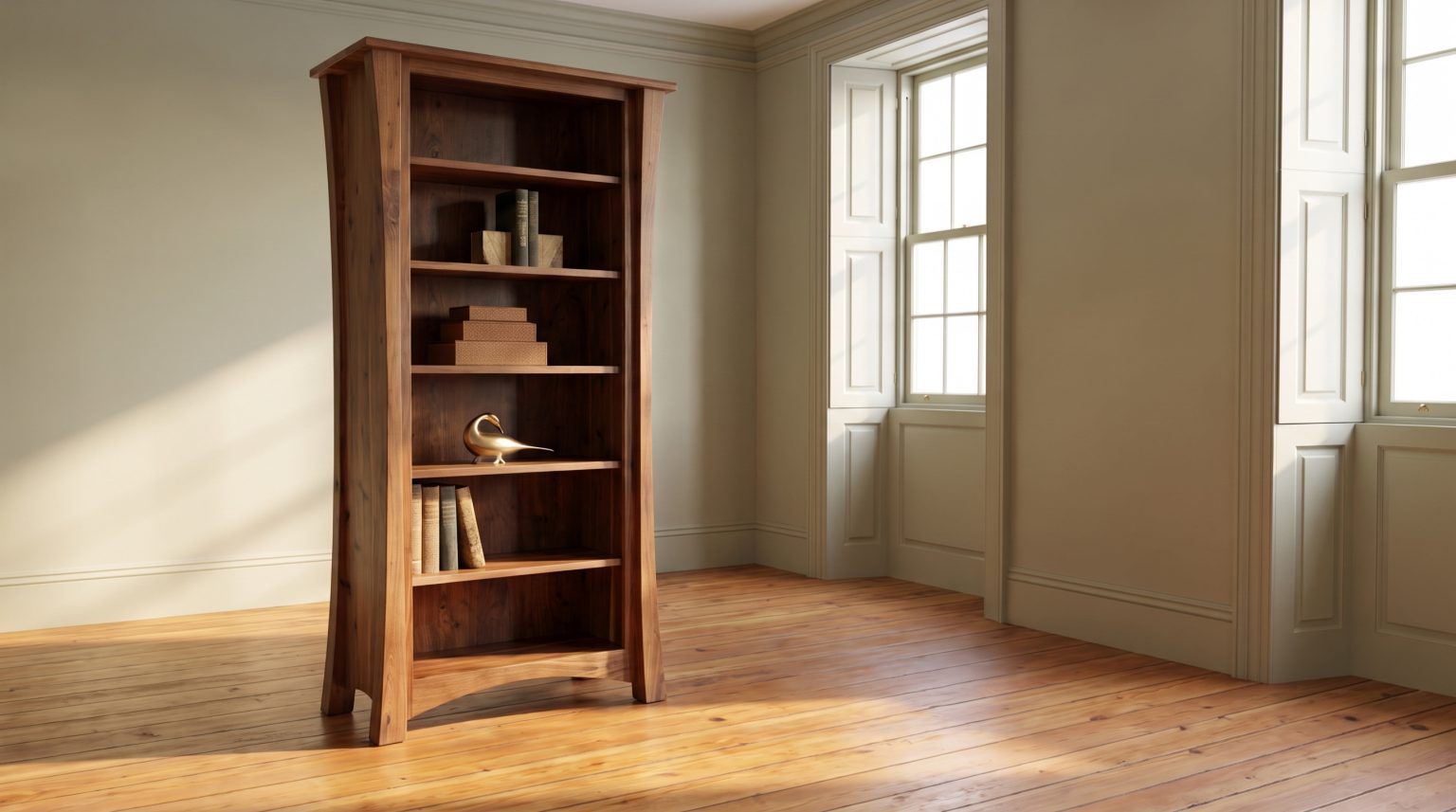 A five-shelf walnut bookcase under a molded crown, its base apron cut with a deep curve matching the desk