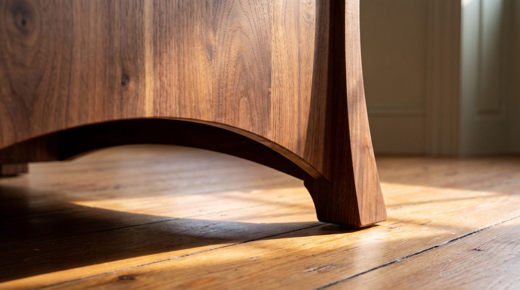 A low close view of a walnut side panel where the deep concave arch runs out and flares into a splayed foot on heart pine