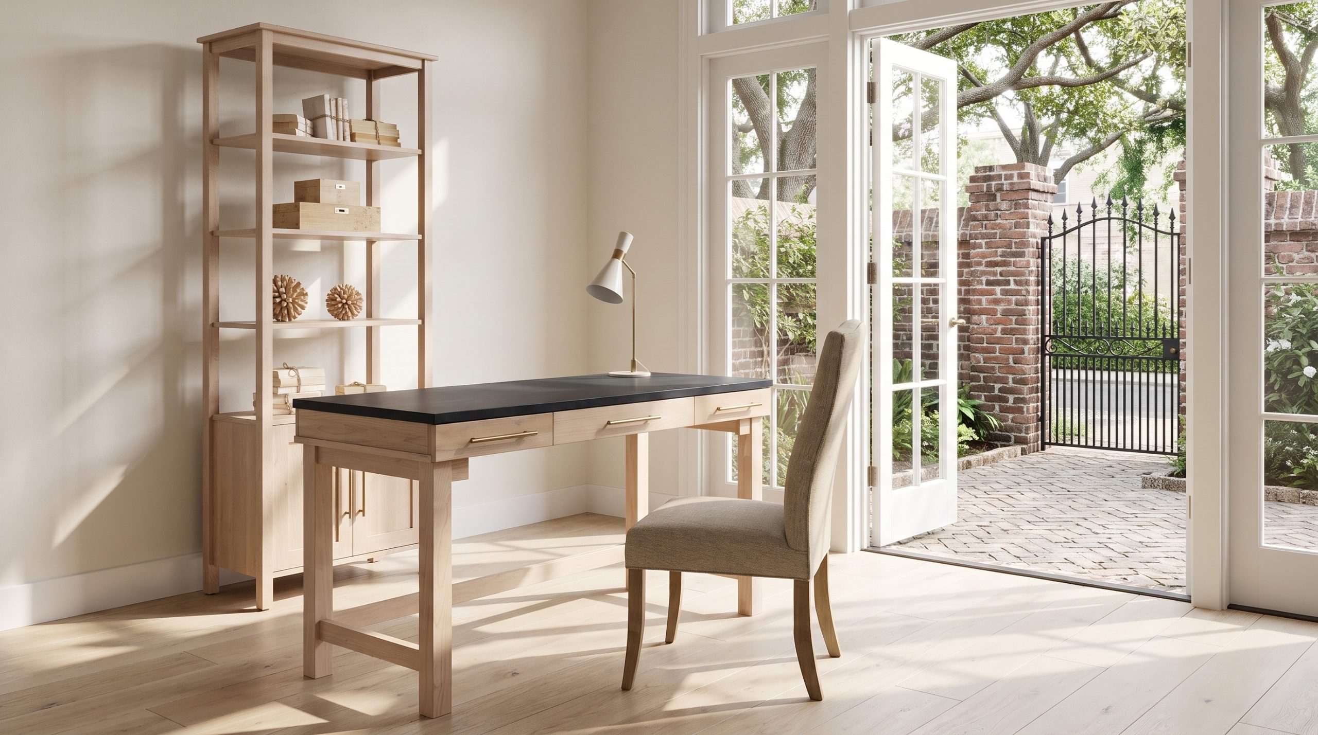 A pale blond maple writing desk under a near-black top with satin bronze pulls, and a limed oak etagere, in a Charleston courtyard room