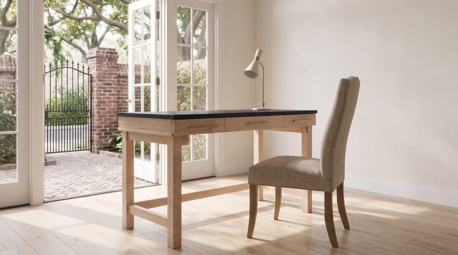 A near-black desk top over a pale blond maple frame, with an oatmeal upholstered side chair drawn up