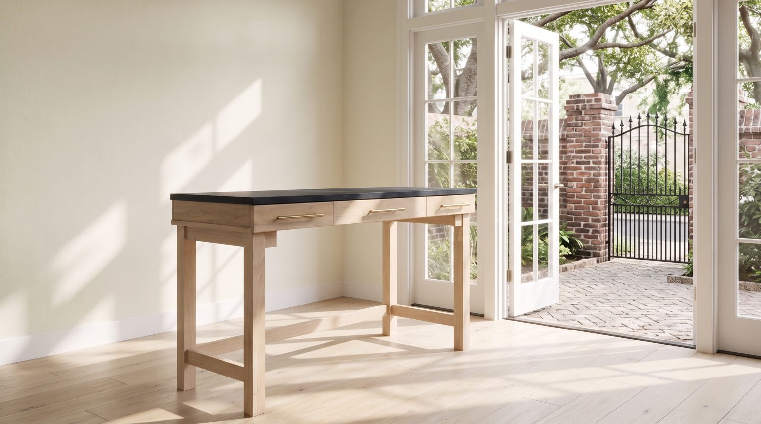 A writing desk with three drawers and slim bronze pulls in a pale apron, under a thin near-black top