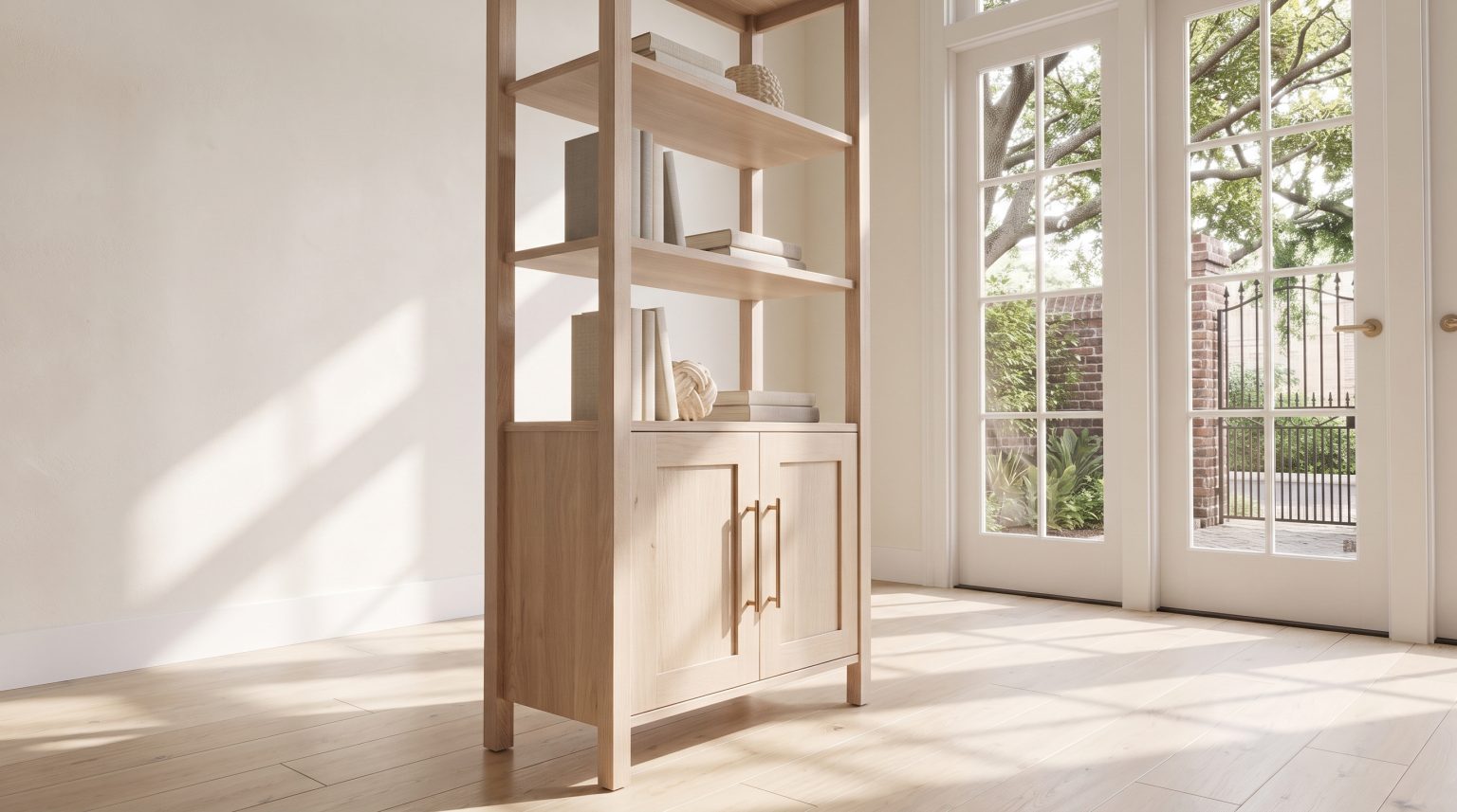 A pale limed quarter-sawn white oak etagere with four open shelves above a closed two-door cabinet base