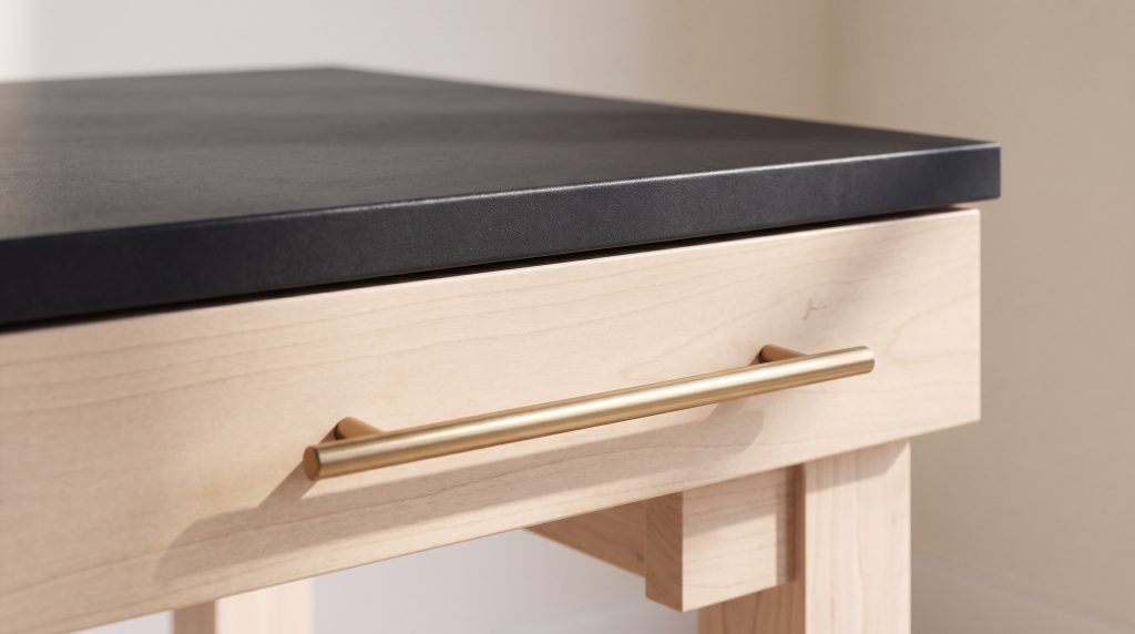 A close view of a thin near-black desk top oversailing a pale blond maple drawer front with a slim satin bronze bar pull