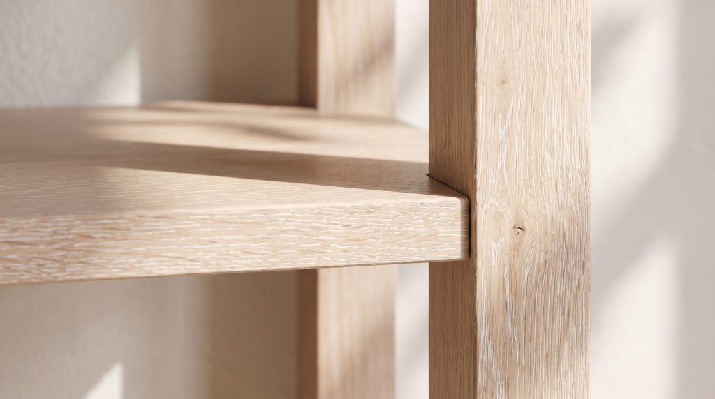A close view of a limed white oak shelf meeting a corner post, with white filler standing in the open pores