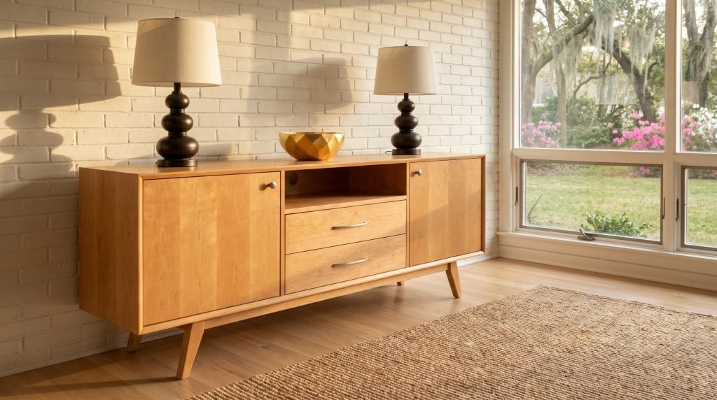 A light honey maple mid-century sideboard on splayed tapered legs, with two bronze finial lamps and a gold faceted bowl, against a painted brick wall in late sun