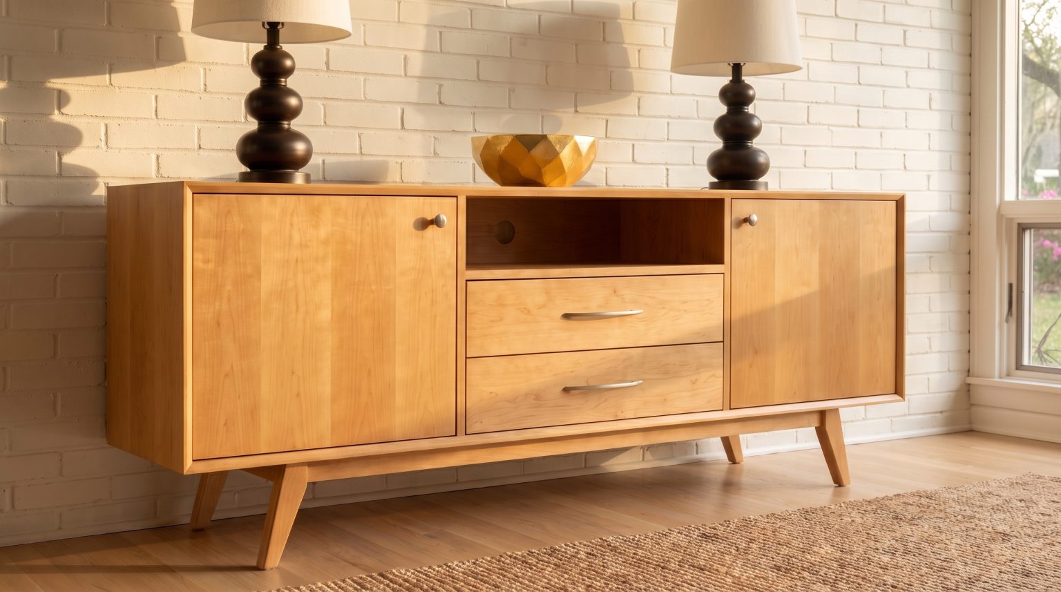 A honey maple sideboard with two solid doors, an open cubby over two drawers with curved satin-nickel pulls, and splayed tapered legs