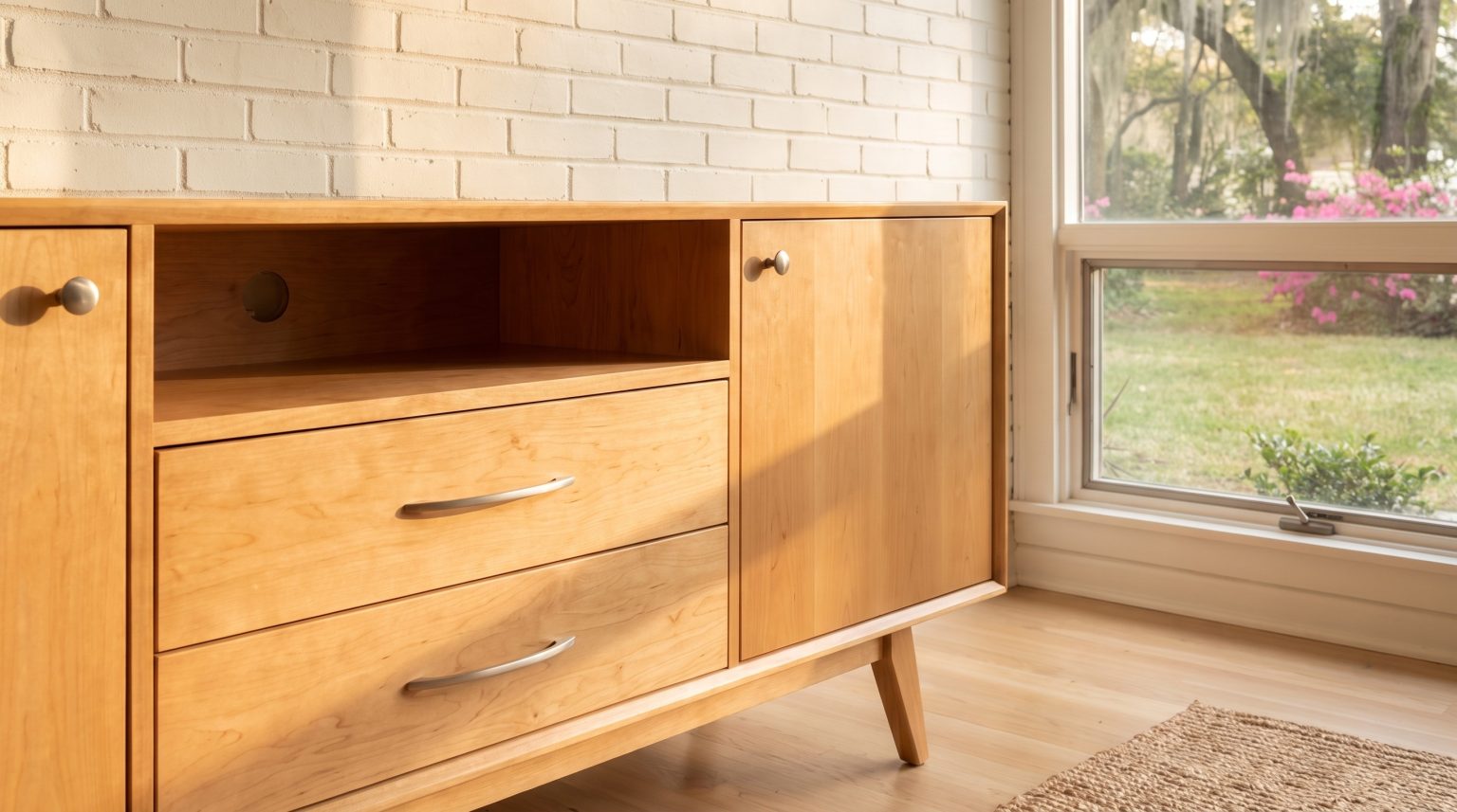A close three-quarter view of an open cubby above two drawers with curved satin-nickel bar pulls, beside a solid maple door
