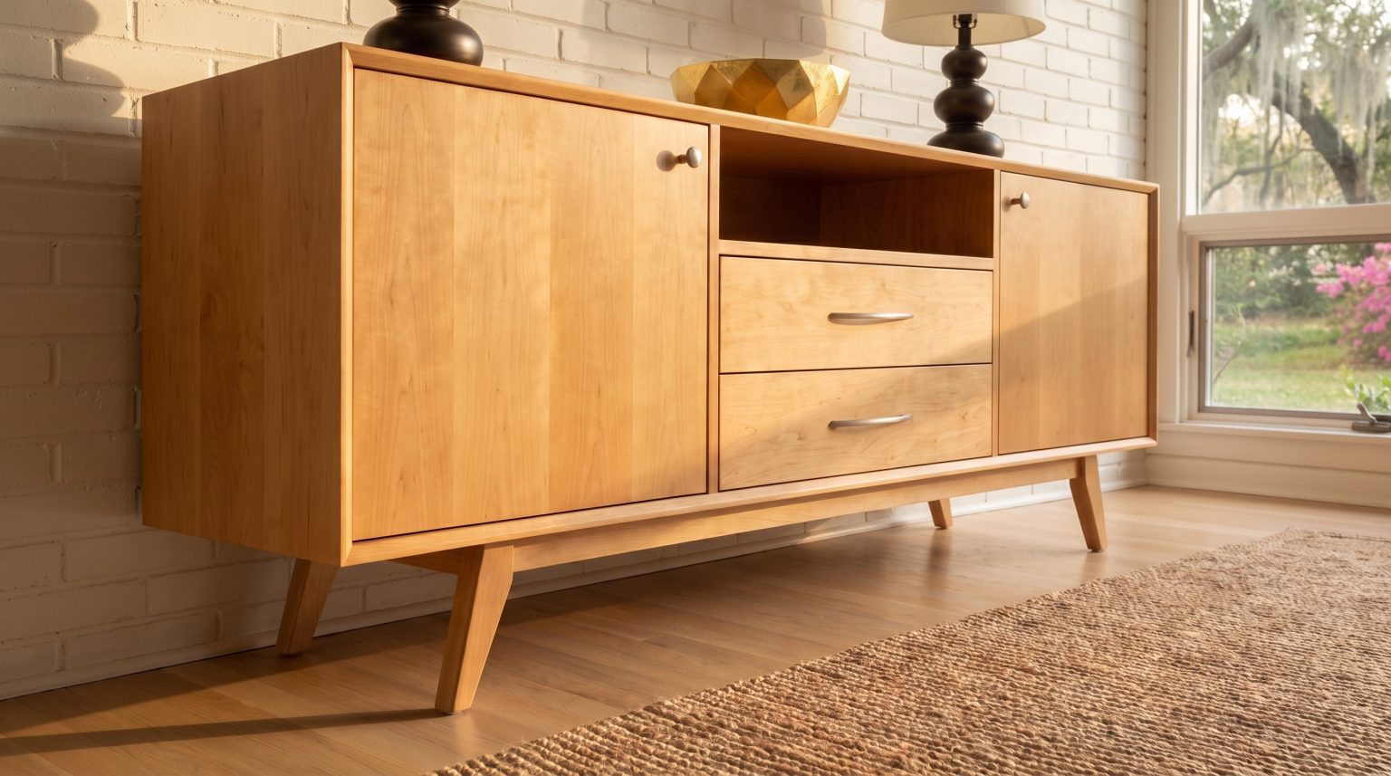 A low view along the underside of a honey maple sideboard showing its four splayed tapered legs over a jute rug