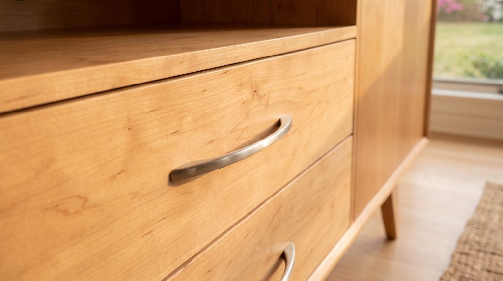 A close view of a curved satin-nickel bar pull across a honey maple drawer front with fine straight grain