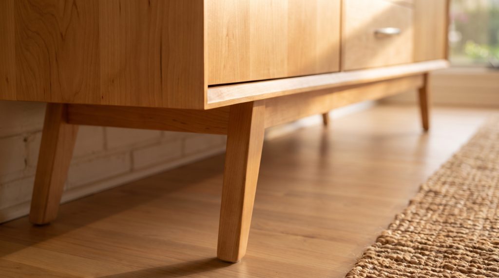 A close view of a tapered maple leg splaying out from the corner of the sideboard case