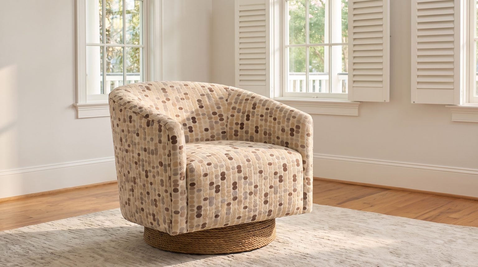 A compact barrel swivel chair in cream fabric with rows of small brown, taupe and butterscotch dots, on a woven seagrass rope drum base