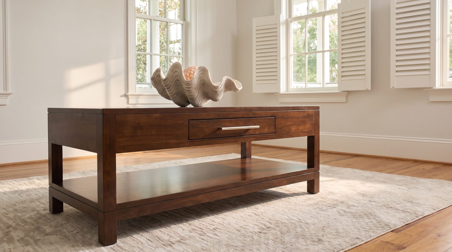 A dark cappuccino cherry coffee table with one drawer, a satin-nickel bar pull and an open lower shelf, holding a white clam shell bowl